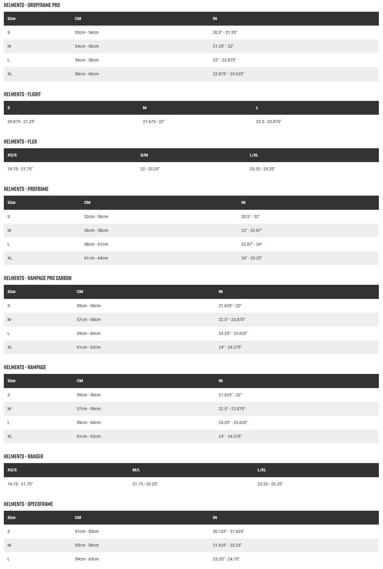 Fox drop frame size best sale chart